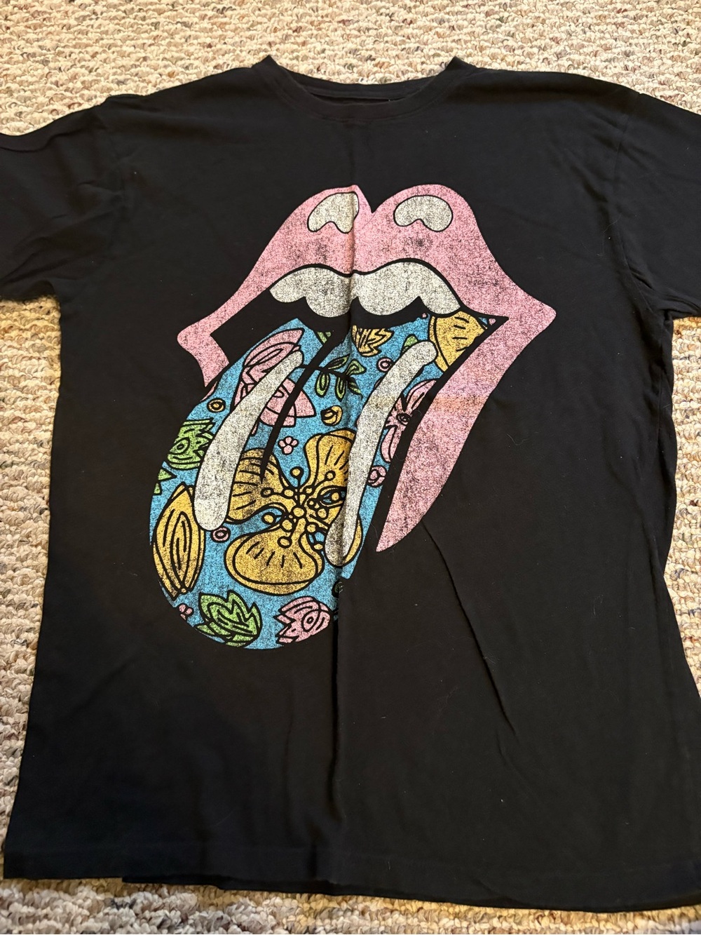 the Rolling Stones Black Tee with Pink Lips and Multicolor Floral Tongue
